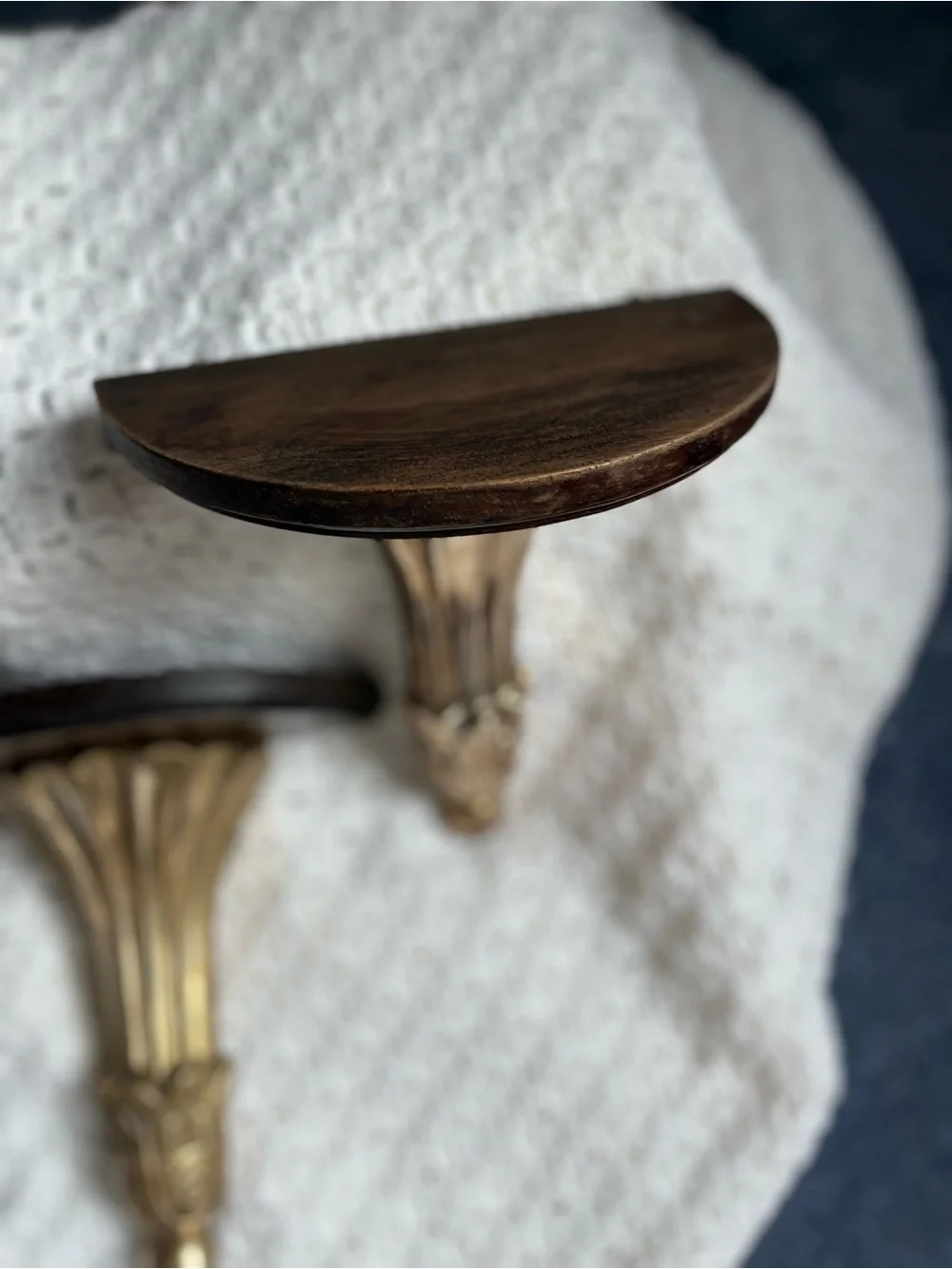 Ornate Vintage Brass and Dark Wood Wall Shelf Brackets - Pair